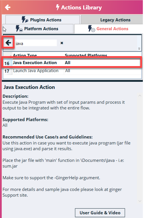 Java Execution Action